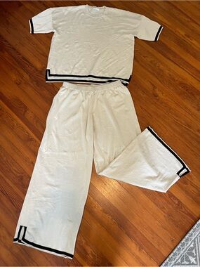 Cream Knit Short-Sleeve Pajama Top & Wide-Leg Pants with Black Trim